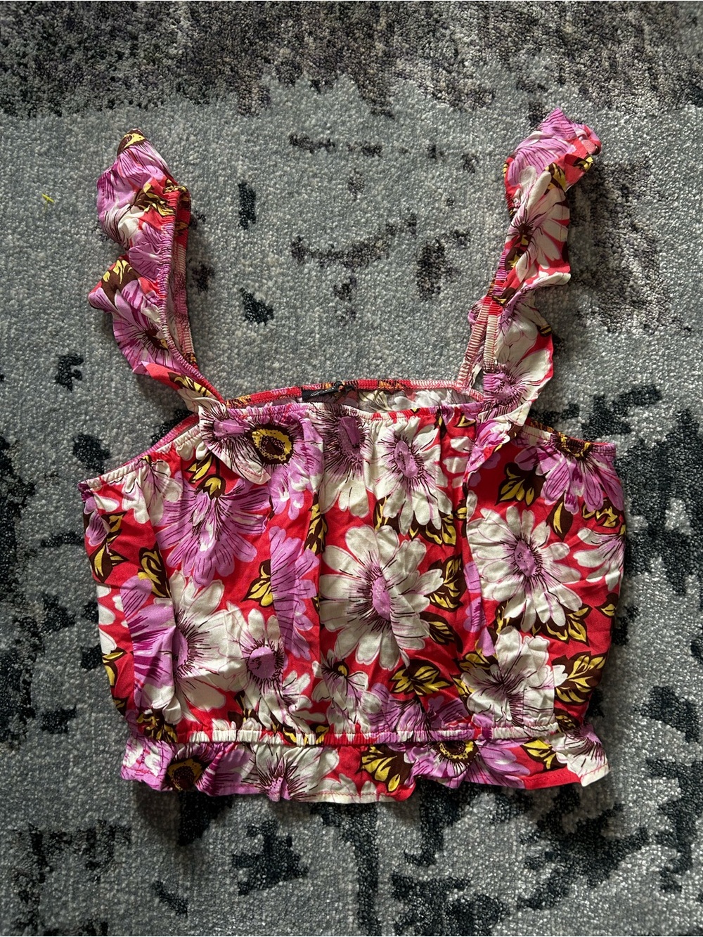 Lily Rose Pink and Red Floral Ruffle-Strap Crop Top